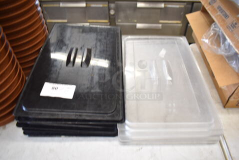 ALL ONE MONEY! Lot of 12 Poly Full Size Drop In Bin Lids; 7 Black 5 Clear