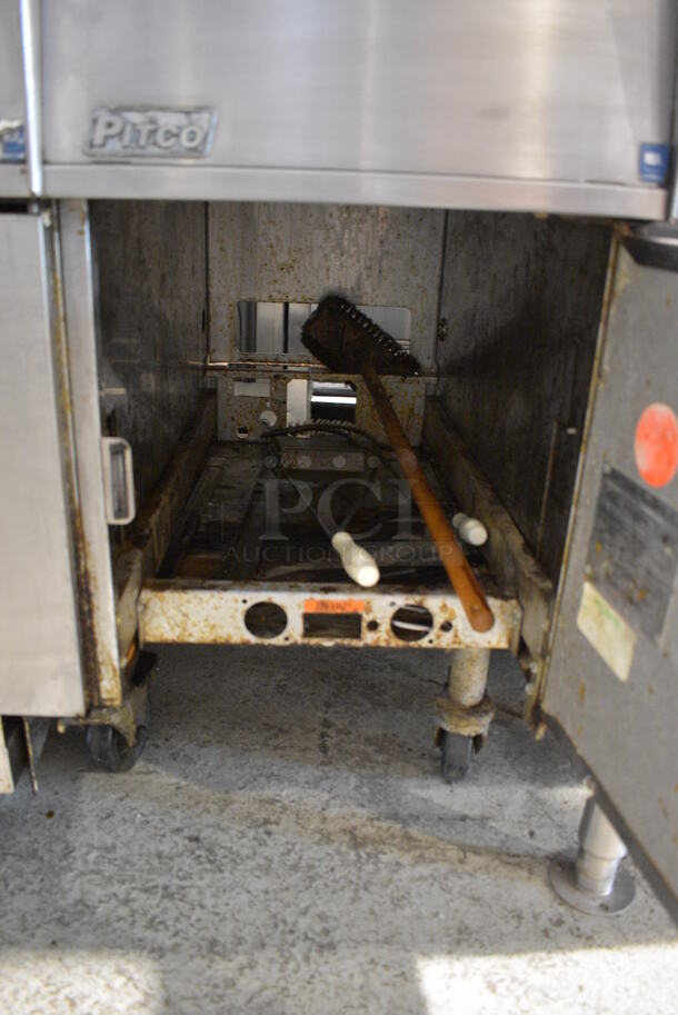 Pitco Frialator SG14-JS Stainless Steel Commercial Natural Gas Powered Floor Style 2 Bay Deep Fat Fryer w/ Right Side Pitco Frialator SGBNB14-0 Dumping Station, 4 Metal Fry Baskets and 2 Lids on Commercial Casters. 122,000 BTU. 47x35x46 - Image 6 of 12
