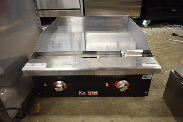 BRAND NEW SCRATCH AND DENT! Cooking Performance Group CPG 351GUCP24M Stainless Steel Commercial Countertop Electric Powered Flat Top Chrome Top Griddle. Missing 2 Legs. 208/240 Volts, 1/3 Phase.