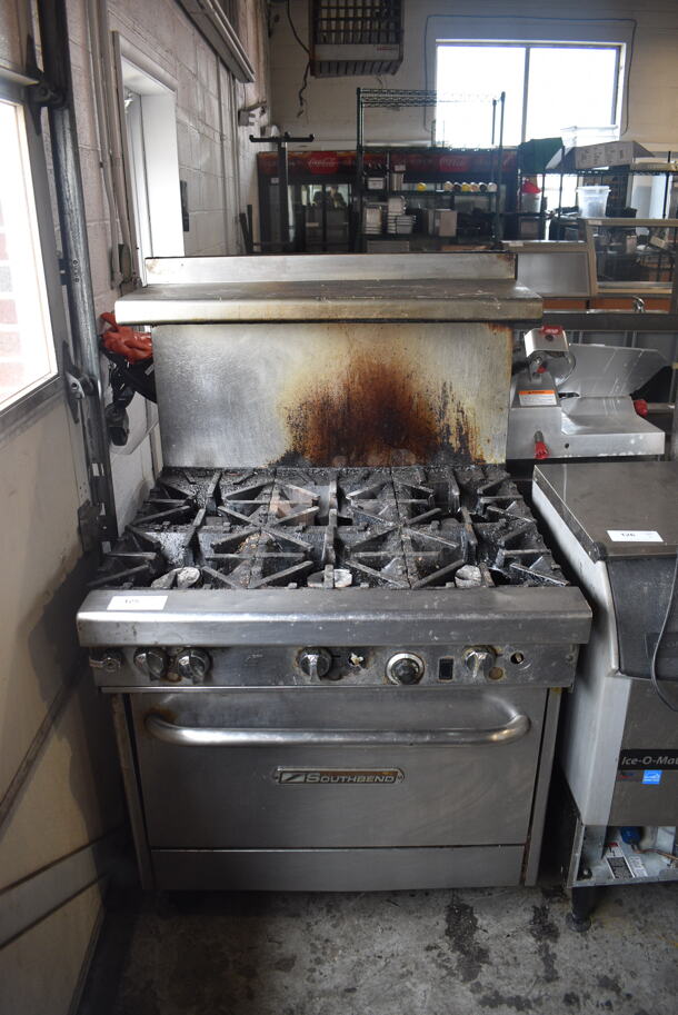 Southbend Commercial Stainless Steel 6 Burner Natural Gas Range With Overshelf And Oven With Steel Racks.