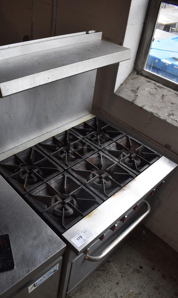 Cooking Performance Group CPG 351S36N Stainless Steel Commercial Natural Gas Powered 6 Burner Range w/ Oven, Back Splash and Over Shelf. 210,000 BTU. - Image 2 of 4