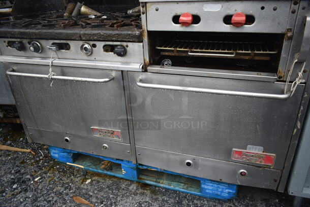 Franklin Chef Stainless Steel Commercial Natural Gas Powered 6 Burner Range w/ Right Side Flat Top Griddle, 2 Ovens, Over Shelf and Back Splash.  - Image 4 of 4