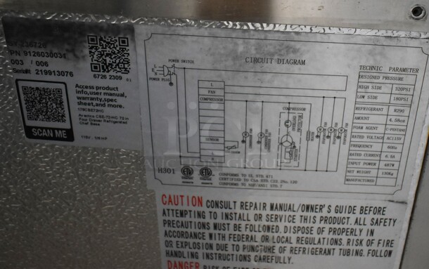 BRAND NEW SCRATCH AND DENT! 2023 Avantco 178CBE72HC Stainless Steel Commercial 72" 4 Drawer Refrigerated Chef Base on Commercial Casters. 115 Volts, 1 Phase. Cannot Test Due To Missing Power Switch - Image 7 of 7