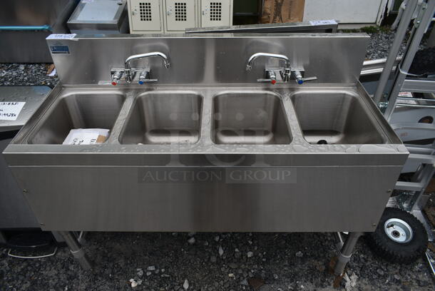 BRAND NEW SCRATCH AND DENT! Advance Tabco PRB-19-44C 4 Compartment Prestige Series Underbar Sink with (2) Splash Mount Faucets - 20" x 48" w/ Advance Tabco SU-16 6 3/8" x 6 3/8" x 3/4" Stainless Steel Glass Rinser and Pitco PP10962 1 1/4" Ball Valve with Handle.   - Image 2 of 9