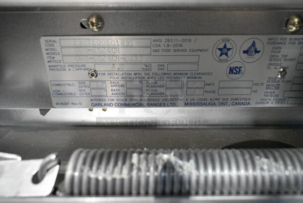 BRAND NEW! 2023 Garland G60-6G24CR Stainless Steel Commercial Floor Style Natural Gas Powered 6 Burner Range w/ Right Side Flat Top Griddle, 2 Ovens, Over Shelf and Back Splash. - Image 11 of 12