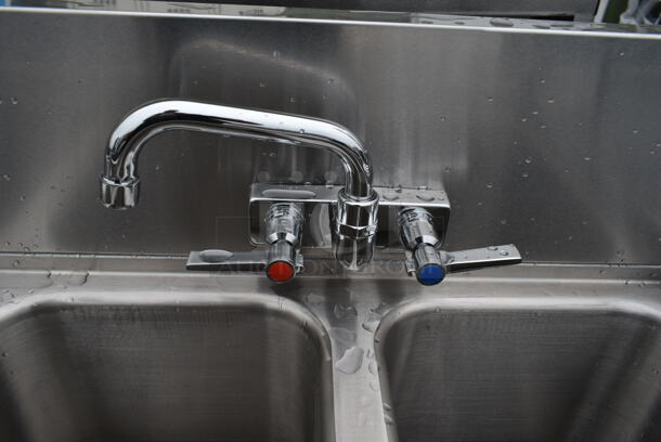 BRAND NEW SCRATCH AND DENT! Advance Tabco PRB-19-44C 4 Compartment Prestige Series Underbar Sink with (2) Splash Mount Faucets - 20" x 48" w/ Advance Tabco SU-16 6 3/8" x 6 3/8" x 3/4" Stainless Steel Glass Rinser and Pitco PP10962 1 1/4" Ball Valve with Handle.   - Image 4 of 9