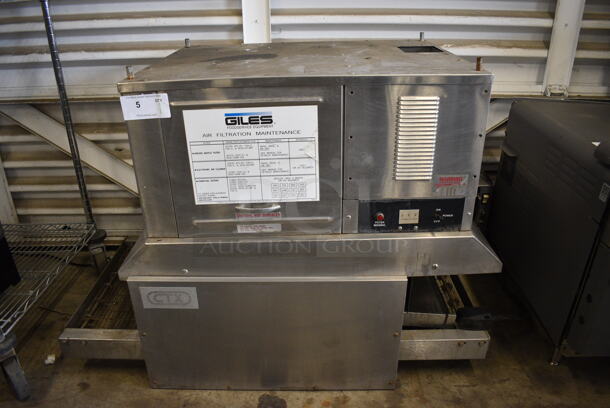 CTX Stainless Steel Commercial Electric Powered Conveyor Pizza Oven w/ Giles Model OVH10 Stainless Steel Commercial Ventless Hood. 208/240 Volts, 1 Phase. 54x28x34