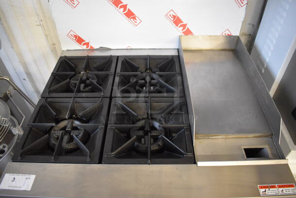 BRAND NEW SCRATCH AND DENT! CPG 351S36G12N Stainless Steel Commercial Natural Gas Powered 4 Burner Range with Right Side Griddle, Standard Oven, Over Shelf and Back Splash. 170,000 BTU. 36x33x61. Tested and Working! - Image 4 of 8