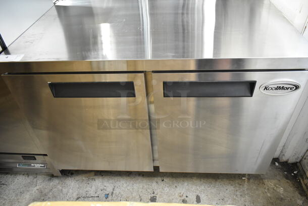 BRAND NEW SCRATCH AND DENT! 2023 KoolMore KM-UCR-2DSS Stainless Steel Commercial 2 Door Undercounter Cooler on Commercial Casters. 115 Volts, 1 Phase. Tested and Working! - Image 2 of 8