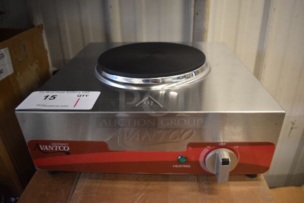 BRAND NEW IN BOX! Avantco 177EB200A Stainless Steel Commercial Countertop Single Burner Solid Top Portable Electric Hot Plate. 120 Volts, 1 Phase. 13x13x4.5. Tested and Working! - Image 1 of 5