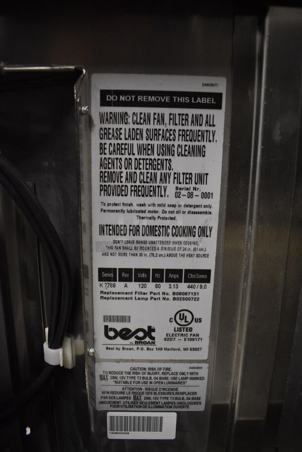 BRAND NEW SCRATCH AND DENT! Broan Best Stainless Steel Hood. Appears To Be Model K7788. 36x32x20 - Image 9 of 9