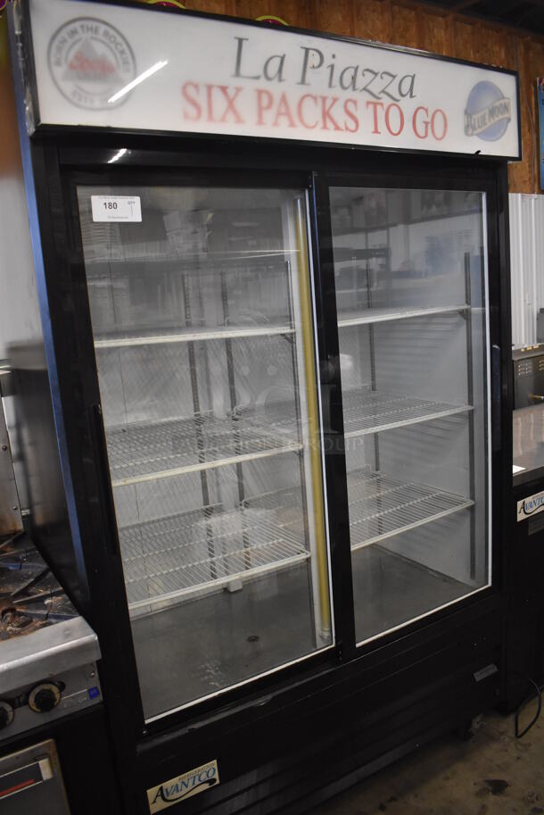 Avantco 178GDS47 Metal Commercial 2 Door Reach In Cooler Merchandiser w/ Poly Coated Racks on Commercial Casters. 115 Volts, 1 Phase. 54x34x84. Tested and Working!