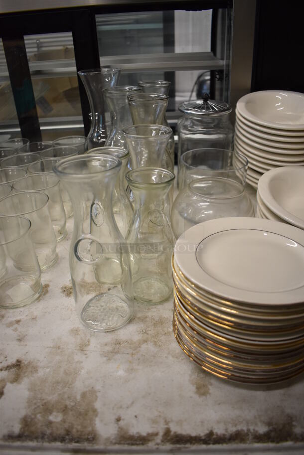 ALL ONE MONEY! Lot of Items on Tabletop Including Ceramic Plates, Glasses, Whisk Attachment and Metal Bowls. - Image 5 of 8