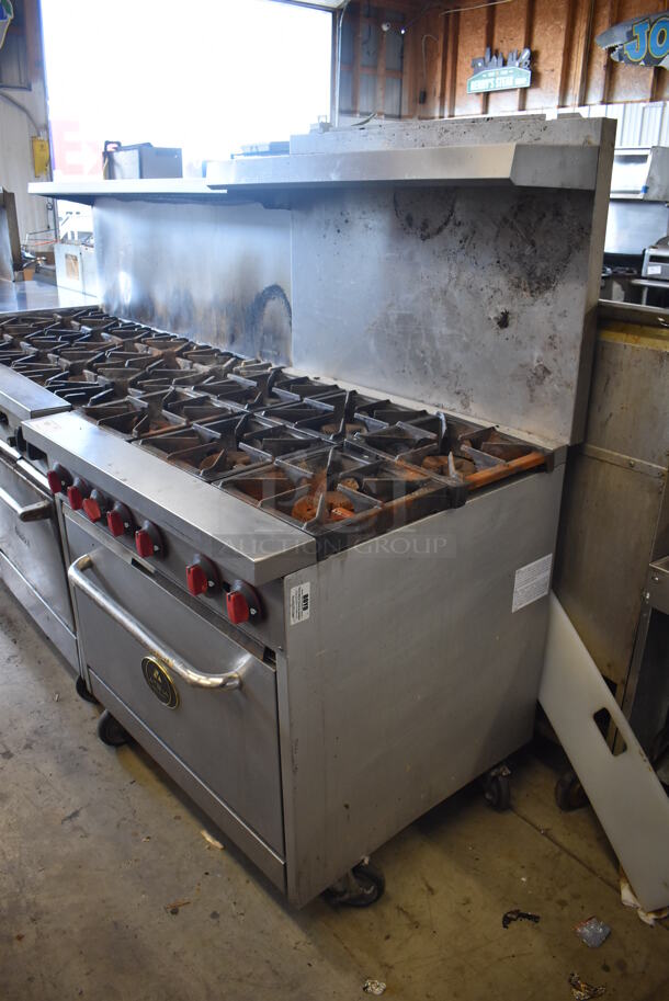 Atena Stainless Steel Commercial Natural Gas Powered 6 Burner Range w/ Oven, Over Shelf and Back Splash on Commercial Casters.  - Image 3 of 6