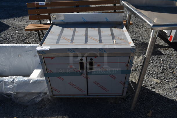 BRAND NEW SCRATCH AND DENT! Advance Tabco CRD-2-BMD Stainless Steel Commercial Drain Board w/ Back Splash, 2 Doors and 2 Under Shelves. - Image 1 of 5