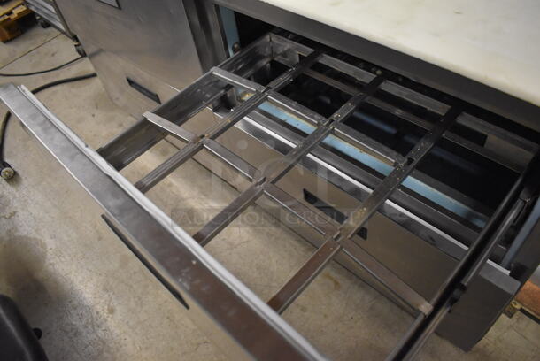 Delfield Stainless Steel Commercial Sandwich Salad Prep Table Bain Marie Mega Top w/ 4 Drawers and Over Shelf on Commercial Casters. 115 Volts, 1 Phase. 64x32x57. Tested and Working! - Image 7 of 10