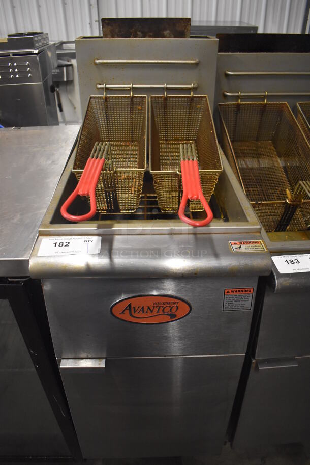 2017 Avantco FF300-N Stainless Steel Commercial Floor Style Natural Gas Powered Deep Fat Fryer w/ 2 Metal Fry Baskets. 90,000 BTU. 15.5x30x49