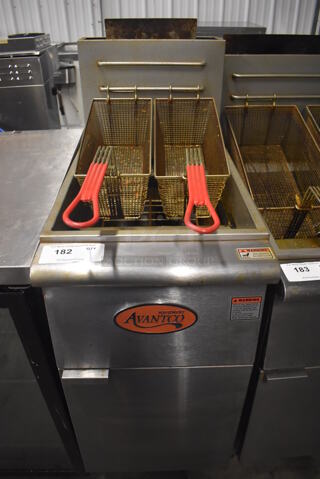 2017 Avantco FF300-N Stainless Steel Commercial Floor Style Natural Gas Powered Deep Fat Fryer w/ 2 Metal Fry Baskets. 90,000 BTU. 15.5x30x49