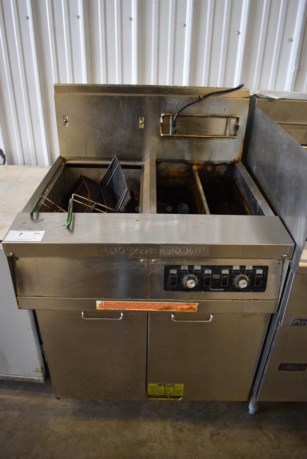 Frymaster MJH50-2SC Stainless Steel Commercial Natural Gas Powered Deep Fat Fryer w/ Left Side Dumping Station on Commercial Casters. 31.5x31.5x49