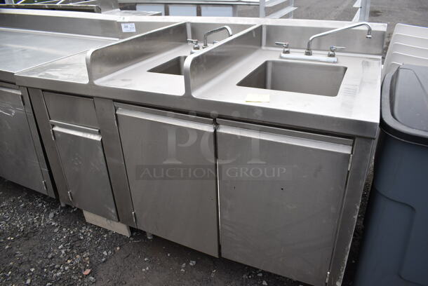 Stainless Steel Commercial Counter w/ 2 Sink Basins, 2 Faucets and 2 Handles. 60x32x42.5. Bays 9x12x6, 14x16x10