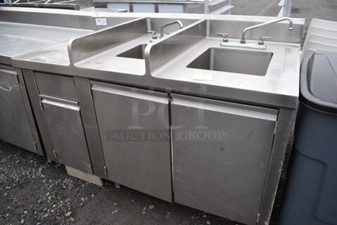 Stainless Steel Commercial Counter w/ 2 Sink Basins, 2 Faucets and 2 Handles. 60x32x42.5. Bays 9x12x6, 14x16x10