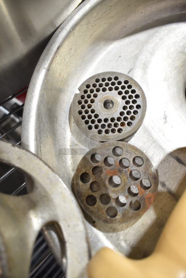 ALL ONE MONEY! Lot of Meat Grinder Attachment Pieces Including Tray, Pusher, Plates, Auger.  - Image 5 of 7