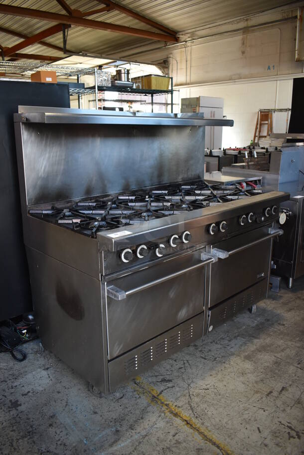 Stainless Steel Commercial Natural Gas Powered 10 Burner Range w/ 2 Ovens, Over Shelf and Back Splash on Commercial Casters. 60x33x58 - Image 2 of 7