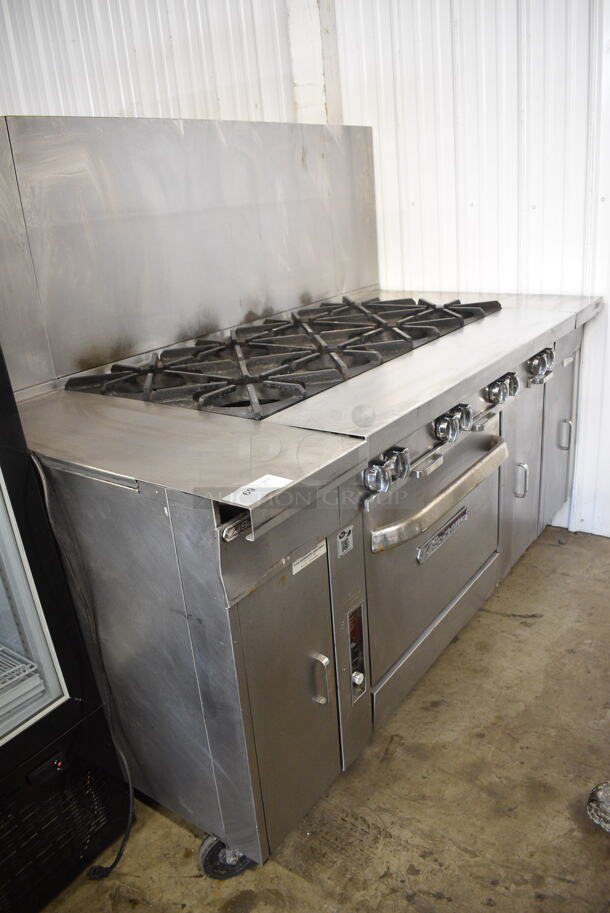 Southbend P48A-BBBB Stainless Steel Commercial Natural Gas Powered 8 Burner Range w/ Convection Oven, Side Counters and Back Splash on Commercial Casters. - Image 1 of 11