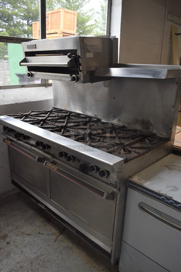 Garland Model H284 Stainless Steel Commercial Natural Gas Powered 10 Burner Range w/ 2 Ovens, Cheese Melter, Over Shelf and Back Splash. 60x33x68