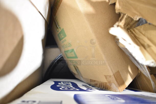 PALLET LOT of 18 BRAND NEW Boxes Including Dart 85HT1R 8" x 8" x 3" White Foam Square Take Out Container with Perforated Hinged Lid - 200/Case, 130WSPOON Choice Medium Weight White Plastic Teaspoon - 1000/Case, 5005DNAPWH Choice Touchstone White Linen-Feel 1/8 Fold Dinner Napkin - 300/Case, 8 oz Hot Cup Lids, 500MF883B1C Choice 8" x 8" 1-Compartment Microwaveable Black Mineral-Filled Plastic Hinged Take-Out Container - 150/Case, 612605070HD Choice Full Size Heavy-Duty Foil Steam Table Pan Deep 3 3/8" Depth - 50/Case. 18 Times Your Bid!  - Image 2 of 11
