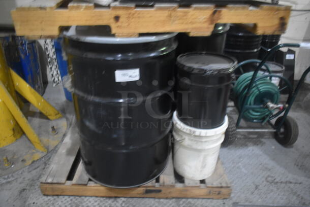 ALL ONE MONEY! PALLET LOT of Various Items Including 3 Barrels and 2 Buckets; Ocean Blue, Trilene 65. BUYER MUST REMOVE. - Image 1 of 6