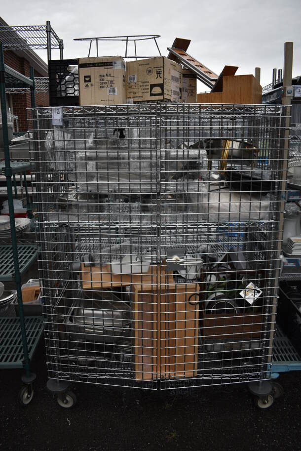 ALL ONE MONEY! Lot of Chrome Finish 3 Tier Shelving Unit on Commercial Casters w/ Liquor Cage and All Contents Including Wooden Box, Chafing Dish, Fake Plant. BUYER MUST DISMANTLE. PCI CANNOT DISMANTLE FOR SHIPPING. PLEASE CONSIDER FREIGHT CHARGES. 50x25x68