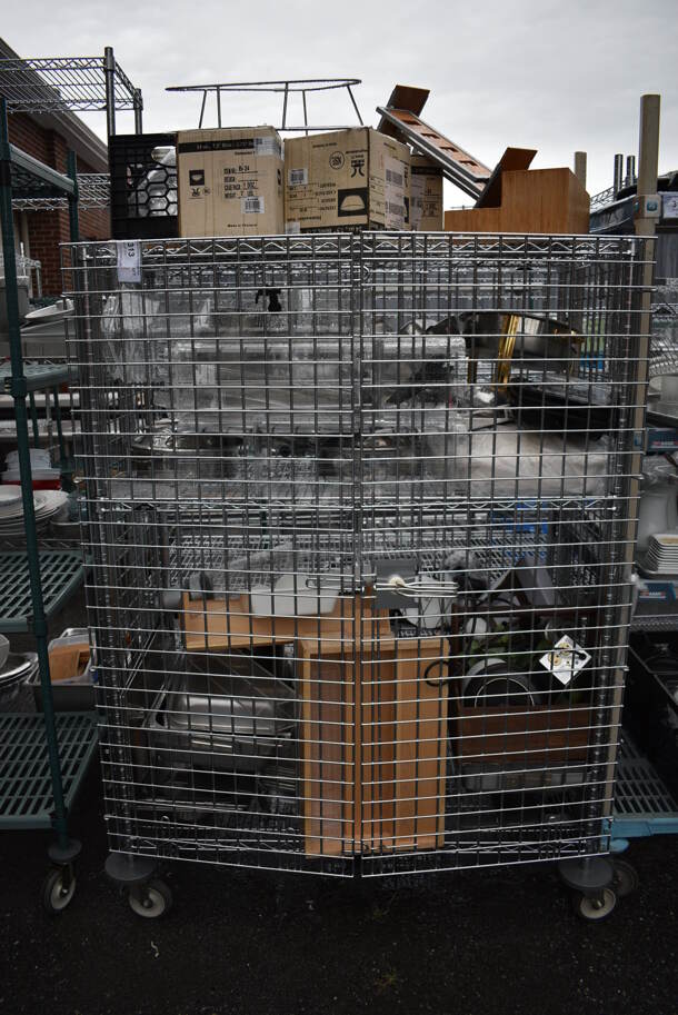 ALL ONE MONEY! Lot of Chrome Finish 3 Tier Shelving Unit on Commercial Casters w/ Liquor Cage and All Contents Including Wooden Box, Chafing Dish, Fake Plant. BUYER MUST DISMANTLE. PCI CANNOT DISMANTLE FOR SHIPPING. PLEASE CONSIDER FREIGHT CHARGES. 50x25x68 - Image 1 of 10