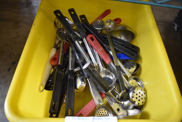 ALL ONE MONEY! Lot of Various Utensils Including Spoodles in Yellow Poly Bus Bin
