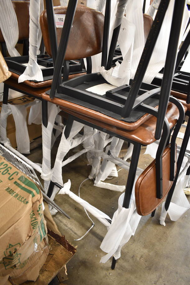 19 BRAND NEW SCRATCH AND DENT! Lancaster Table & Seating Mid-Century Black Chair with Cognac Vinyl Padded Seat and Backrest; 6 164CMCMCCCB Dining Height and 13 164MCMCGRST Bar Height. 19 Times Your Bid!  - Image 5 of 6