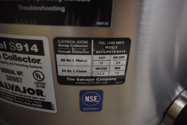 BRAND NEW! Salvajor S914 Stainless Steel Commercial Floor Style Food Waste Disposal Scrap Collector. 115/208-230 Volts, 1/3 Phase. Tested and Working! - Image 7 of 11