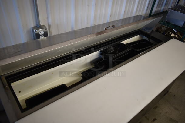 True TSSU-72-18 Stainless Steel Commercial Sandwich Salad Prep Table Bain Marie Mega Top w/ Black Poly Drop In Bins on Commercial Casters. 115 Volts, 1 Phase. Tested and Powers On But Does Not Get Cold - Image 4 of 8