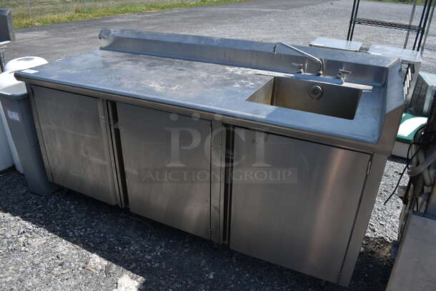 Stainless Steel Commercial Table w/ Sink Basin, Faucet, Handles and 3 Doors. 77x30x42