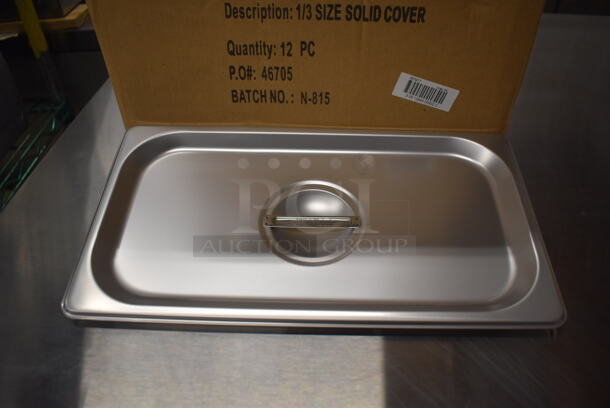 12 BRAND NEW IN BOX! Winco SPSCT Stainless Steel 1/3 Size Drop In Bin Lids. 12 Times Your Bid!