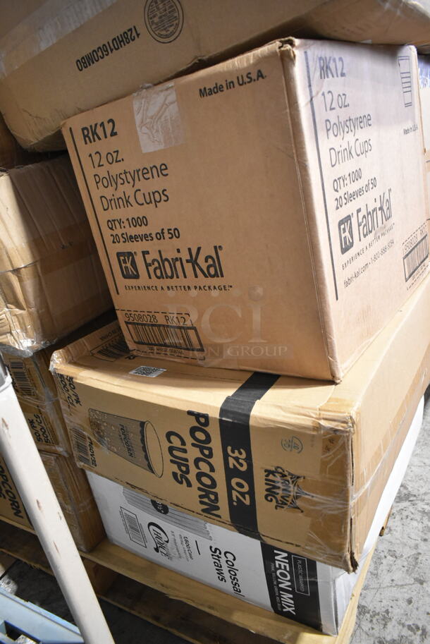 PALLET LOT of 35 BRAND NEW Boxes Including 5005DNAPFLTE Choice Touchstone White Linen-feel Dinner Napkin, 128HD8COMBO Choice Microwavable Translucent Plastic Deli Container and Lid, 2 Box 500L1020B Choice Black Hot Paper Cup Travel Lid, 485COLWNEON Choice Neon Wrapped Straw, 245CB12 Choice Customizable Plain Pizza Box, 500MF993B1C Choice 9" x 9" 1-Compartment Microwaveable Black Mineral-Filled Plastic Hinged Take-Out Container - 150/Case, RK12 Fabri-Kal RK Ribbed Cold Drink Cups, 12oz, Translucent, 50/Sleeve, 20 Sleeves/Carton, 2 Box 760V32 Carnival King 32 oz. Popcorn Cup - 500/Case, 760VP64 Carnival King Popcorn Bucket, Kari-out Company Japanese style Bamboo Chopsticks. 35 Times Your Bid! - Image 10 of 12