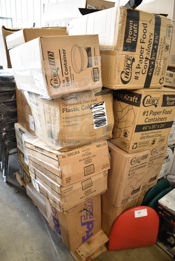 PALLET LOT of 35 BRAND NEW Boxes Including 127RD16COMBO Choice 16 oz. Customizable Microwavable Clear Round Deli Container and Lid Combo Pack - 250/Case, 433NHT100 Choice 1/6 Standard Size White "Thank You" Script Heavy-Duty Plastic T-Shirt Bag - 600/Case, 2 Box 130HCUTFWR Visions Individually Wrapped White Heavy Weight Plastic Fork - 1000/Case, 500TW16S Choice 16 oz. Translucent Thin Wall Squat Plastic Cold Cup - 1000/Case, 795PTOKFT1 Choice 4 5/8" x 3 1/2" x 2 1/2" Kraft Microwavable Folded Paper #1 Take-Out Container - 450/Case, 2 Box 128HD16COMBO ChoiceHD 16 oz. Microwavable Translucent Plastic Deli Container and Lid Combo Pack - 240/Case, 2 Box Dart 16RCLBLK Optima Black Travel Lid with Reclosable Tab - 1000/Case, 3 Box 347RP10WHSS Visions Wave 10" White Plastic Plate - 144/Case, 2 Box of BW-1025 10 oz. Customizable Polycarbonate Wine / Juice Decanter, 5002CPTENAT Lavex 2-Ply Natural Kraft Center Pull Paper Towel 510' Roll - 6/Case, 130LID18 Visions 18" Clear PET Plastic Round Catering Tray High Dome Lid - 25/Case. 35 Times Your Bid! - Image 1 of 12