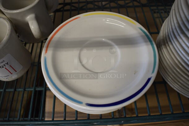 10 White Ceramic Saucers w/ Colorful Rim. 6.25x6.25x1. 10 Times Your Bid!