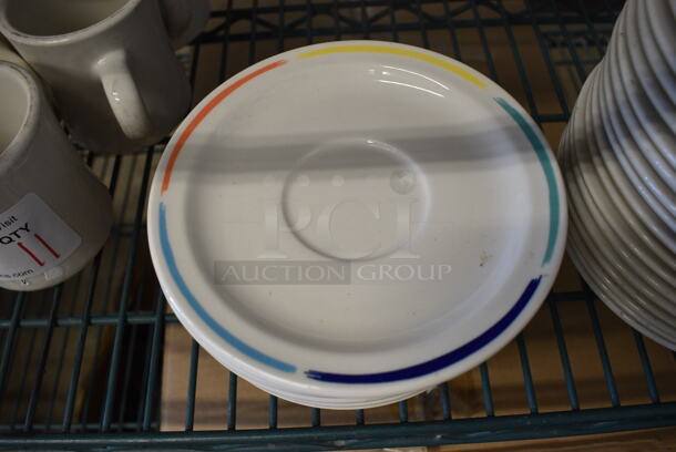 10 White Ceramic Saucers w/ Colorful Rim. 6.25x6.25x1. 10 Times Your Bid! - Image 1 of 3