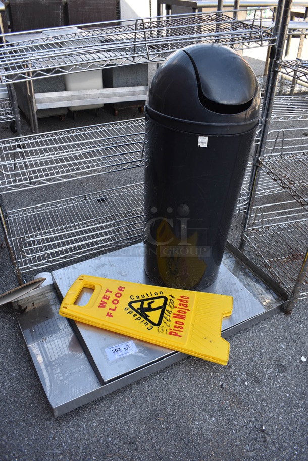 ALL ONE MONEY! Lot of Various Items Including Poly Black Trash Can, Poly Yellow Wet Floor Caution Sign and Metal Panel - Image 2 of 4