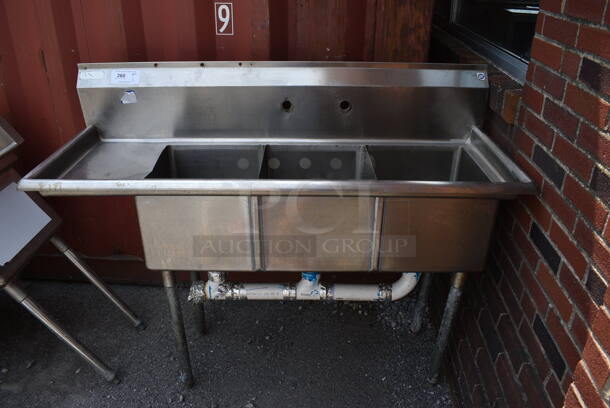 Stainless Steel Commercial 3 Bay Sink w/ Left Side Drainboard. 57x23x45. Bays 14x16x11. Drainboard 10x18x1