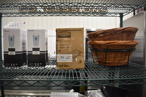 ALL ONE MONEY! Lot of Rubbermaid Food Pans With 6 Per Box, 2 Viavision Automatic Hand Sanitizer Dispensers, And 2 Whicker Baskets With Stands. - Image 1 of 4