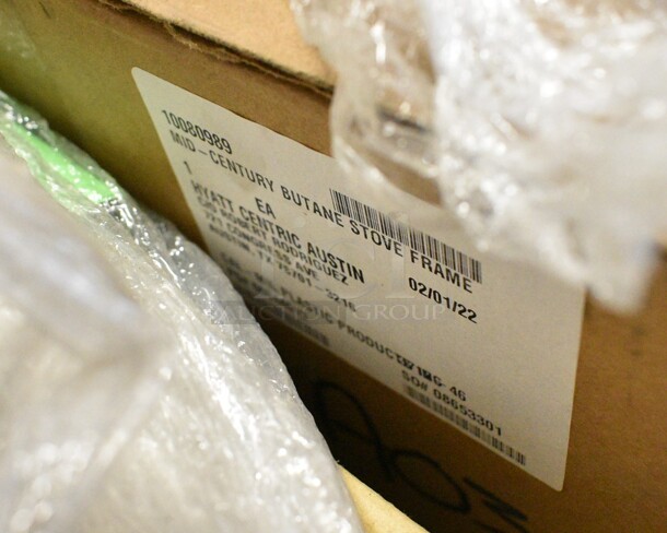 20 BRAND NEW Boxes Including Carlisle BIN2702 27 Gallon / 430 Cup White Flat Top Mobile Ingredient Storage Bin with Sliding Lid, 12 Box Cocktail 2-1/2", 9 Box DPI-99-PP-B 9x9" PP Base, Mid Century Butane Stove Frame. 20 Times Your Bid!  - Image 6 of 6
