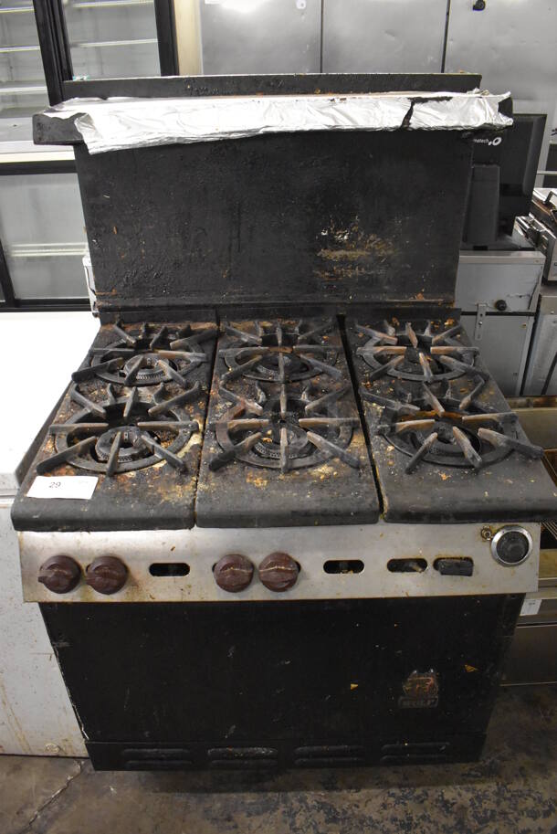 Wolf Metal Commercial Natural Gas Powered 6 Burner Range w/ Oven, Over Shelf and Back Splash. 34x36x58