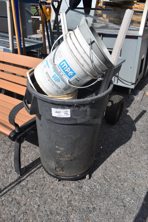 ALL ONE MONEY! Lot of Gray Poly Trash Can on Dolly w/ Contents Including Poly Buckets - Image 1 of 3