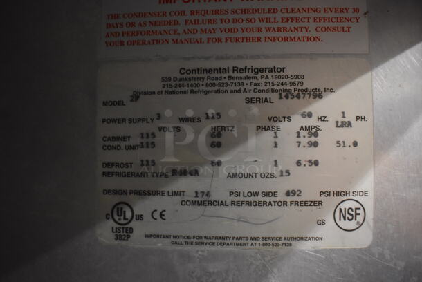 Continental 2F Stainless Steel Commercial 2 Door Reach In Freezer w/ Poly Coated Racks on Commercial Casters. 115 Volts, 1 Phase. 52x34x82. Tested and Powers On But Does Not Get Cold - Image 5 of 6
